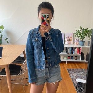 mother denim the pocket bruiser jacket in hot shot